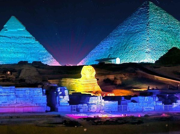 Experience a spectacular evening at the Pyramids of Giza near Cairo and watch as the pyramids and Sphinx are illuminated in multi-colored lasers and visual projections and listen to the dramatic musical narration of the story of the Ancient Egypt. After that move on to have a dinner at a local restaurant.