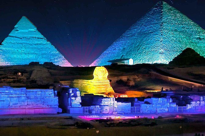 Experience a spectacular evening at the Pyramids of Giza near Cairo and watch as the pyramids and Sphinx are illuminated in multi-colored lasers and visual projections and listen to the dramatic musical narration of the story of the Ancient Egypt. After that move on to have a dinner at a local restaurant.